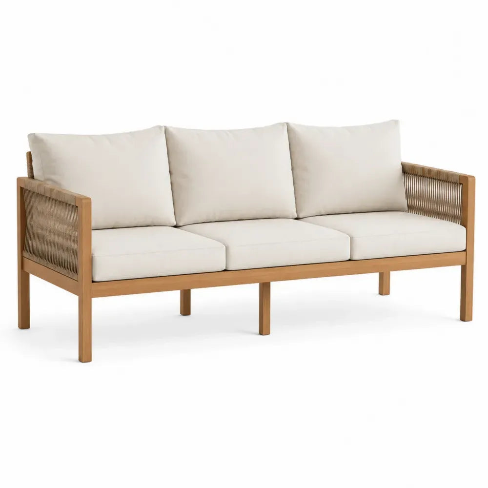 Sofá de exterior de 3 plazas de madera de acacia con cuerda trenzada PE y cojines beige 190 x 75 x 80 cm