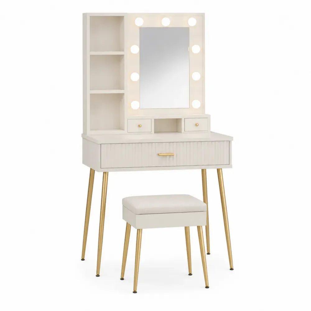 Tocador de maquillaje con espejo LED integrado cajones estanterías laterales y taburete tapizado color blanco crema y dorado sin dimensiones especificadas