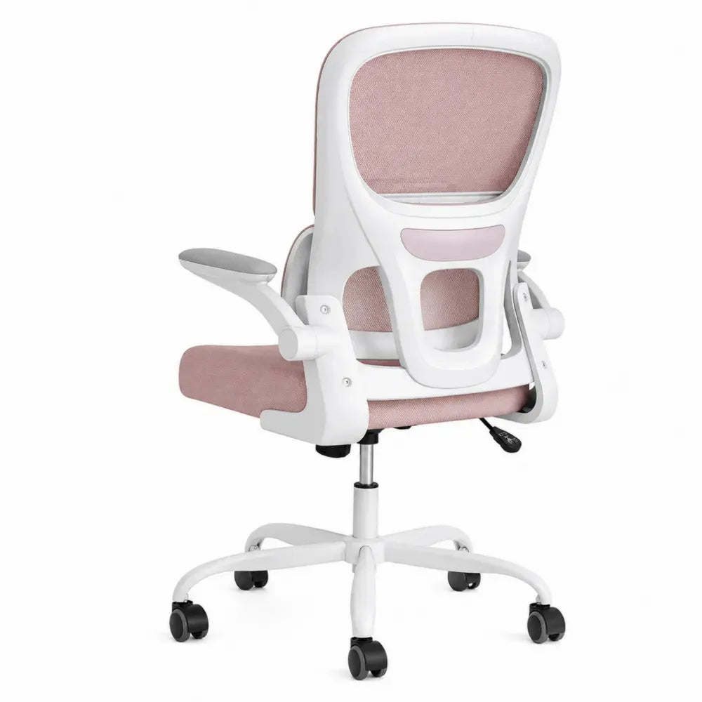 Silla de oficina ergonómica giratoria 360 grados blanco y rosa con respaldo de malla y reposabrazos