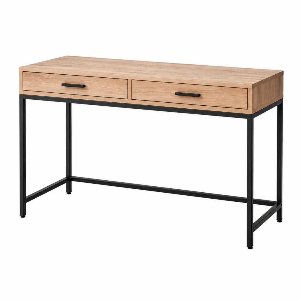 Escritorio rectangular de tablero de partículas efecto roble claro con 2 cajones y estructura de acero negro 120 x 50 x 75 cm