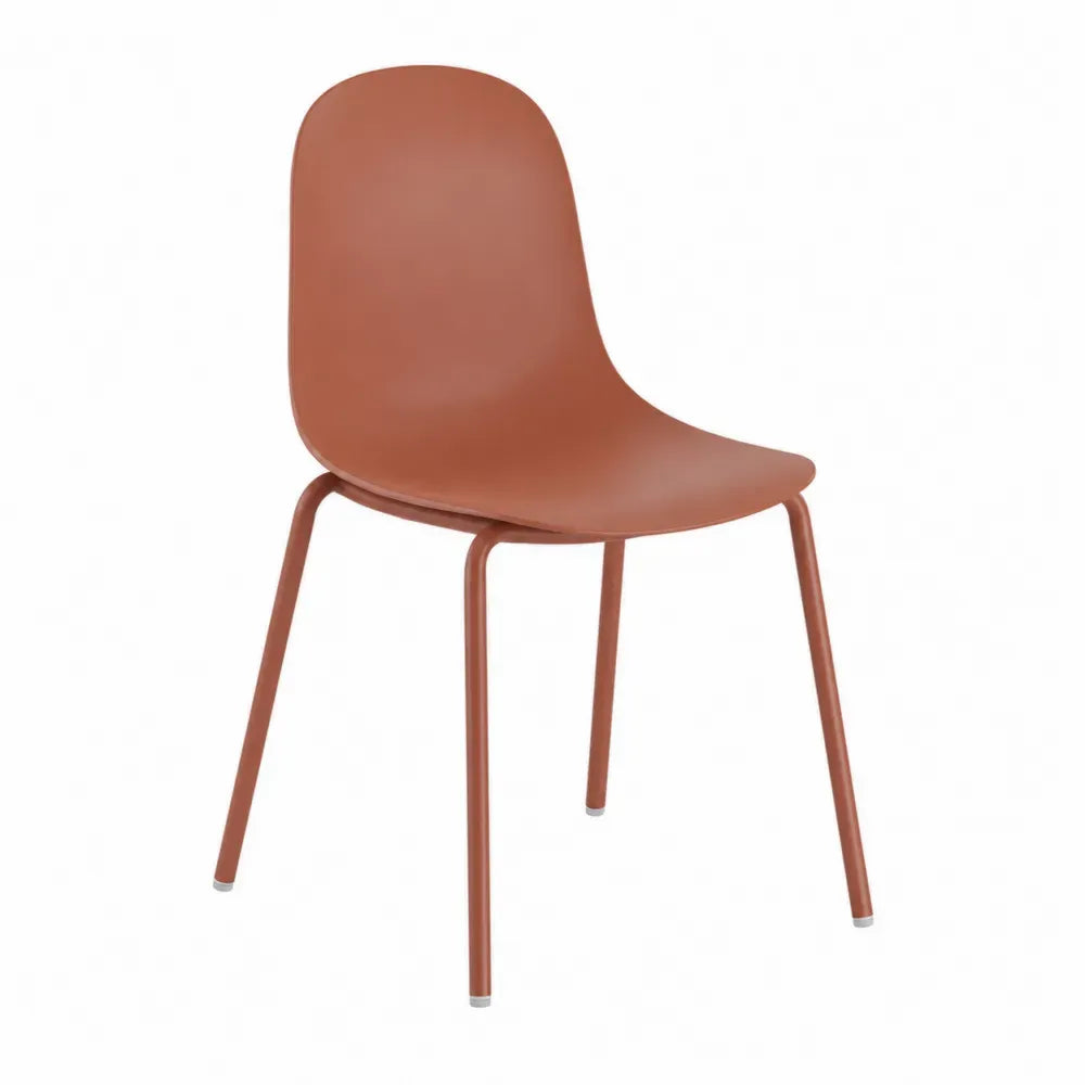 Silla de comedor de polipropileno terracota con respaldo redondeado y patas de acero tubular 45 x 50 x 82 cm