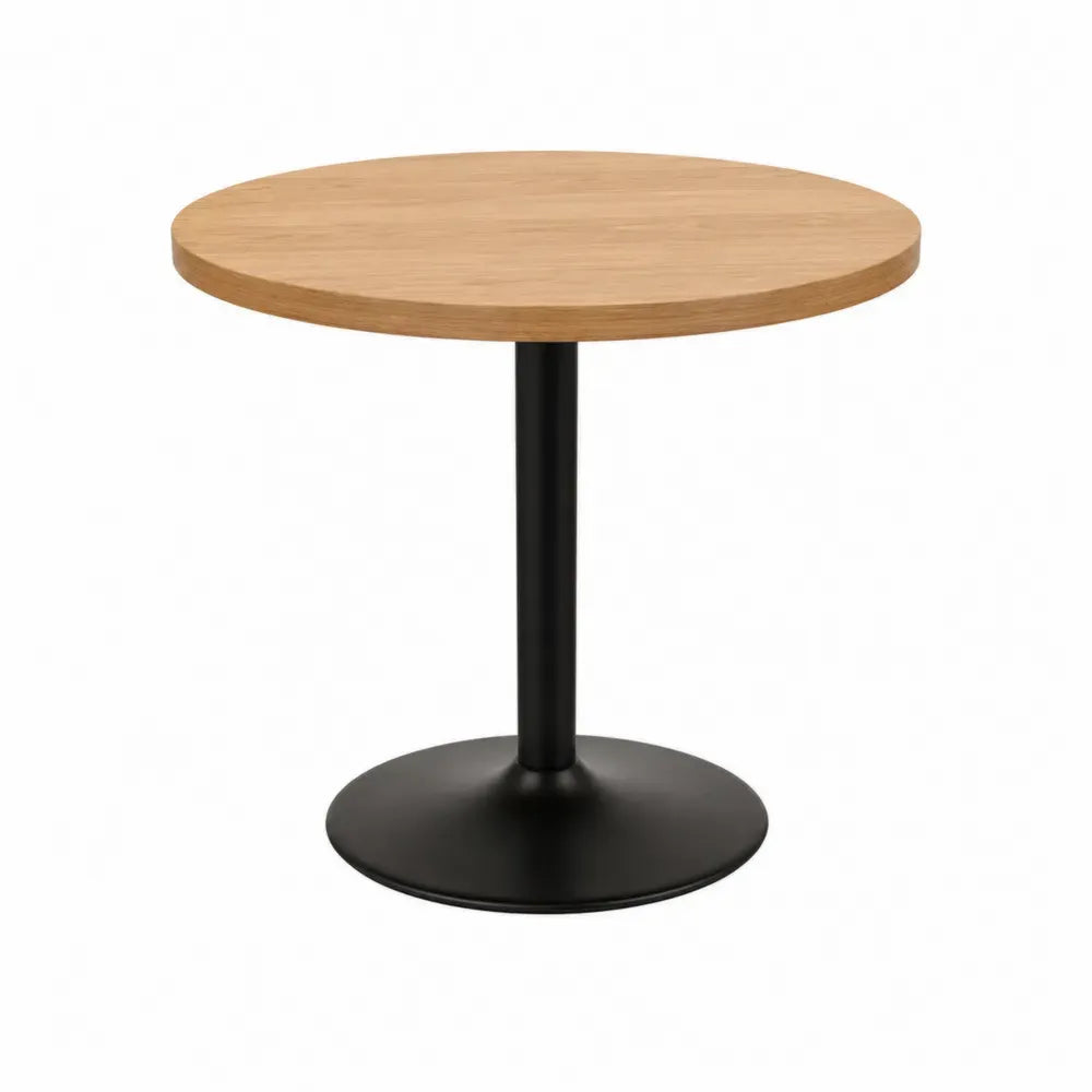 mesa de comedor redonda de MDF con efecto madera natural base metálica negra 80 cm 75 cm