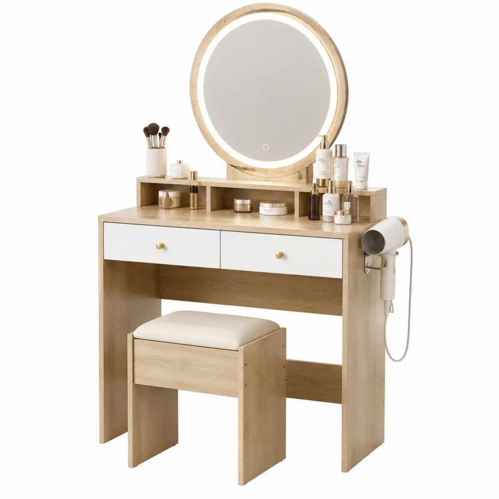 Tocador rectangular de MDF y tablero de partículas con espejo redondo LED taburete y soporte lateral blanco madera natural y dorado 100 x 45 x 140 cm