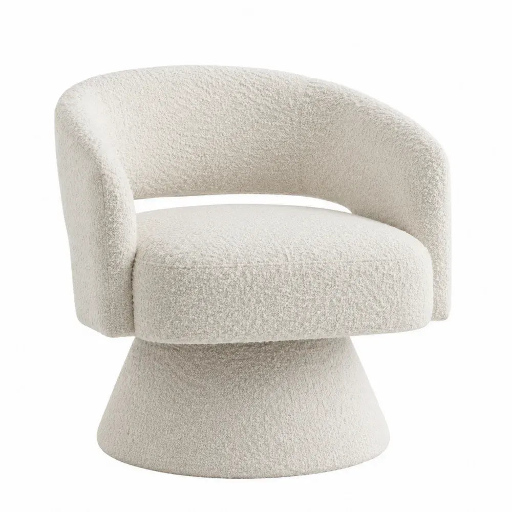 Silla giratoria tapizada en tejido bouclé beige asiento acolchado base cilíndrica de acero 78 x 72 x 74 cm