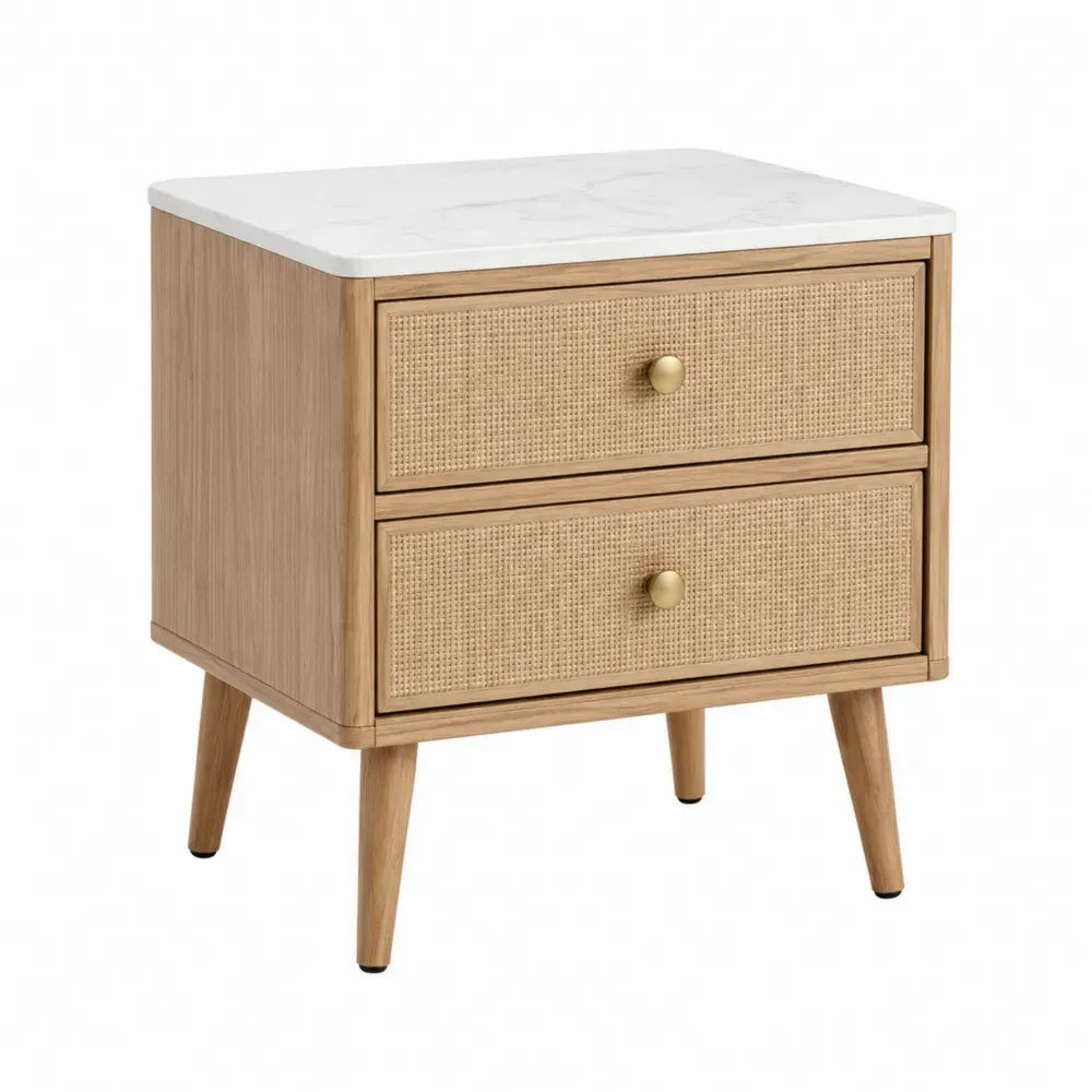 Mesita de noche 2 cajones MDF beige crema con encimera efecto mármol patas de madera y tiradores metálicos dorados