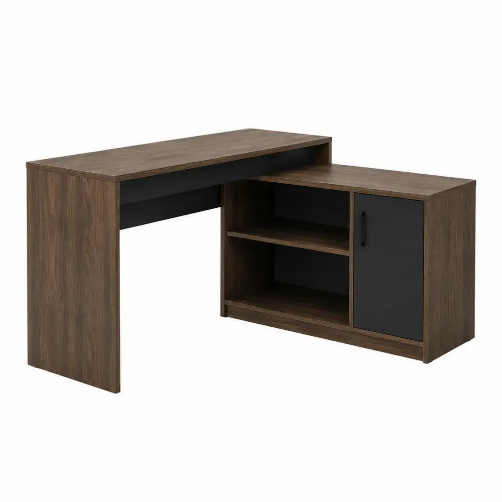 Escritorio en L de tablero de partículas con módulo lateral estantes y puerta color madera oscura y negro 140 x 120 x 75 cm