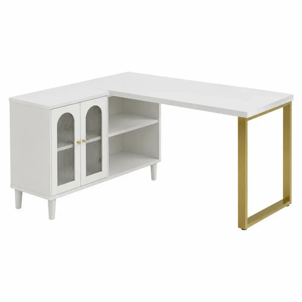 Escritorio en L 140x120x75 cm blanco y dorado con armario lateral y estantes abiertos
