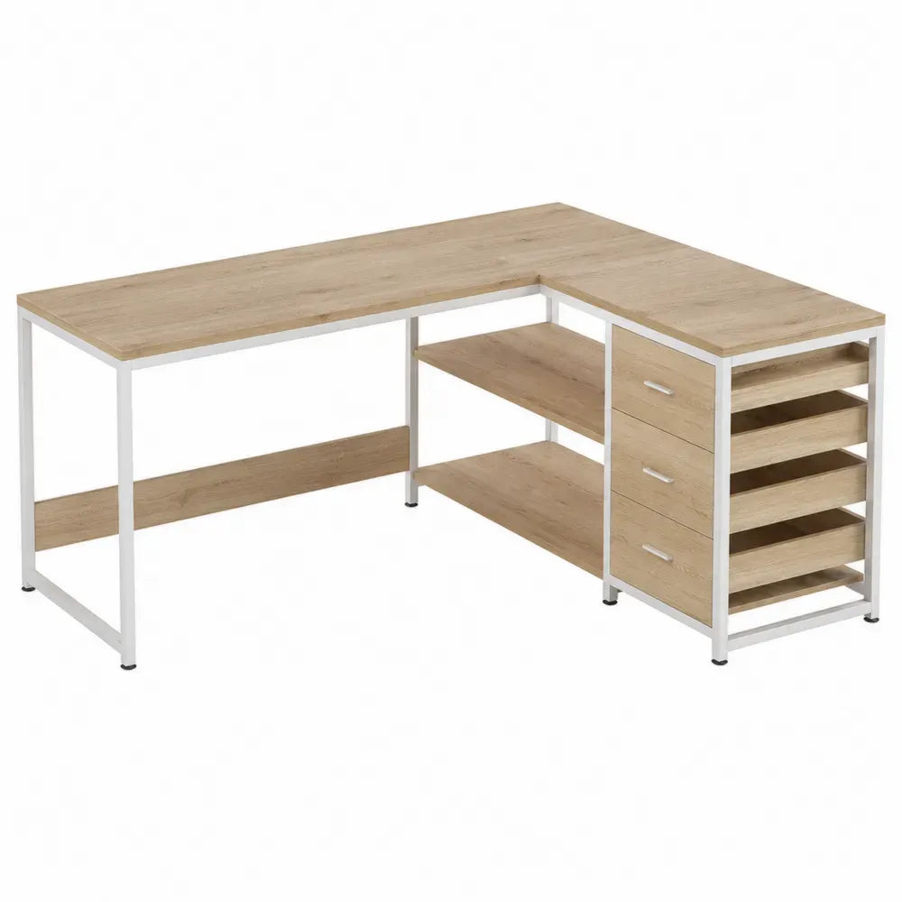Escritorio en L de tablero de partículas con estructura de acero blanco 3 cajones y estantes roble claro 140 x 120 x 75 cm