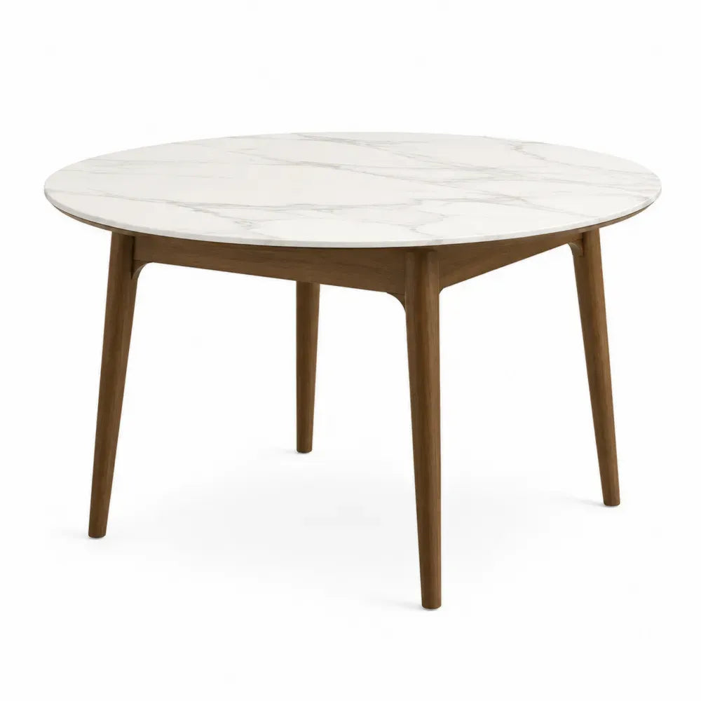 mesa de comedor redonda MDF efecto mármol blanco patas de madera maciza natural 110 cm 75 cm