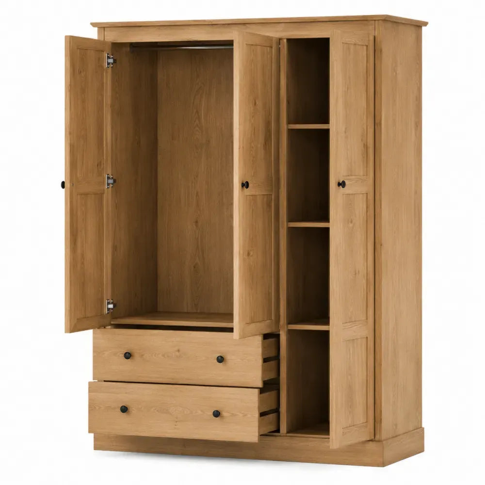 armario ropero de aglomerado y MDF roble natural con puertas abatibles cajones y barra de colgar 120 cm 50 cm 180 cm