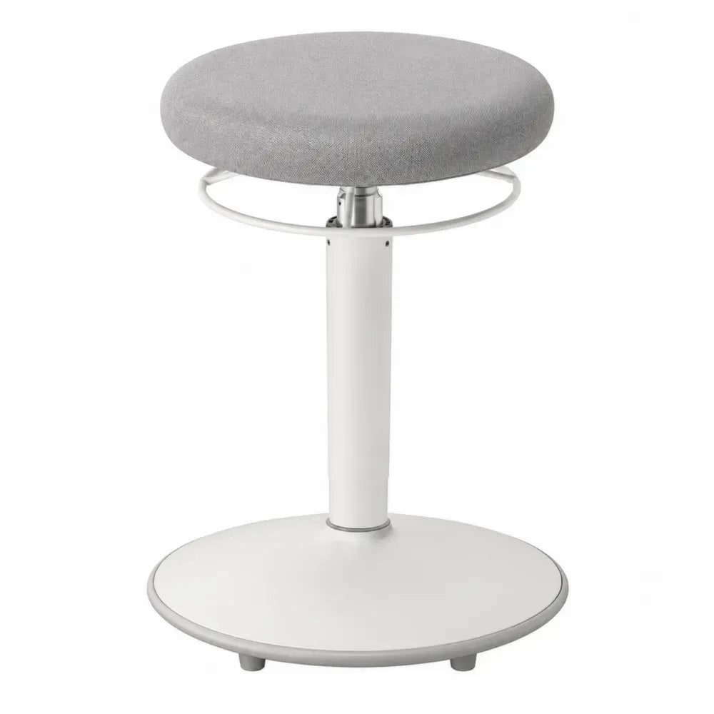 Taburete de oficina giratorio con asiento acolchado de tela gris base metálica blanca con aro reposapiés altura ajustable 45 cm 65 cm estructura de acero