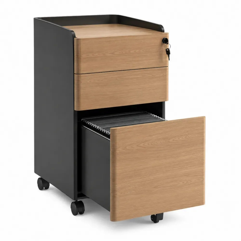 Cajonera archivador con ruedas de madera melamina negro y roble con cerradura 40 cm x 50 cm x 60 cm estructura de tablero de partículas y metal