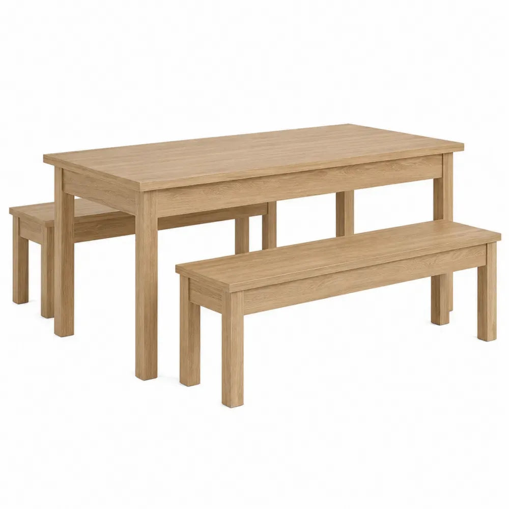 Conjunto de comedor rectangular de MDF y tablero de partículas con mesa 140 x 80 x 75 cm y 2 bancos madera natural