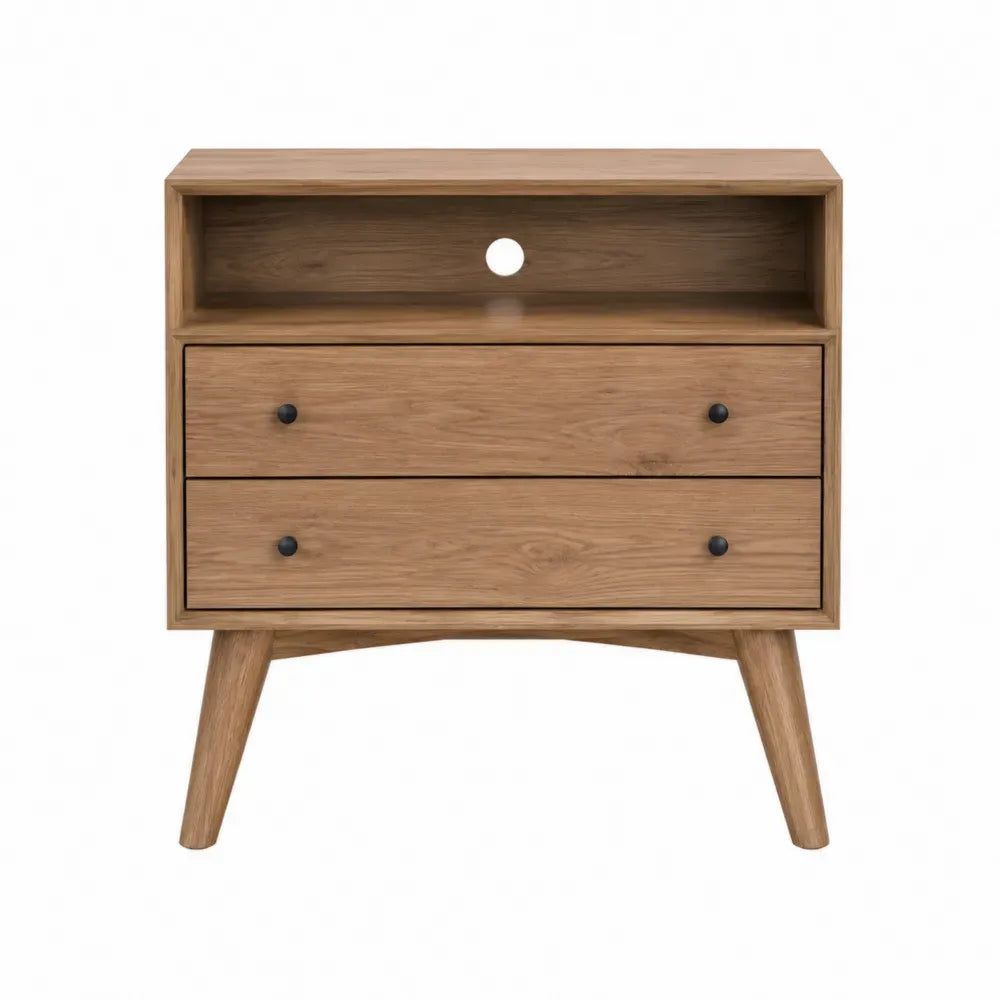 Mesita de noche con 2 cajones y estante abierto madera roble natural con patas de madera maciza y tiradores negros sin dimensiones especificadas