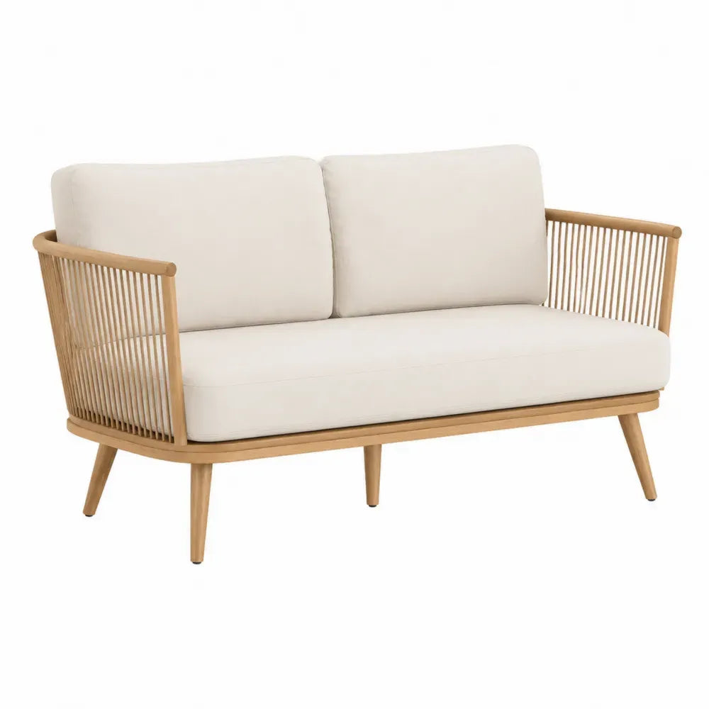 Sofá de exterior de 2 plazas de madera de acacia natural con laterales de cuerda PE y cojines beige 180 x 75 x 80 cm