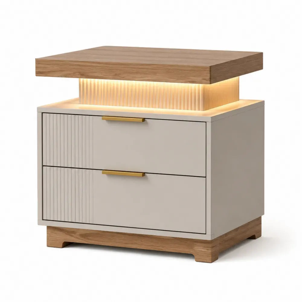 Mesita de noche LED con 2 cajones MDF beige crema tiradores dorados luz integrada sin dimensiones especificadas