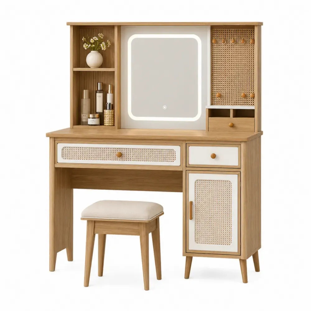 Tocador rectangular de MDF y tablero de partículas con espejo LED taburete y panel de ratán sintético madera natural blanco y beige 100 x 45 x 145 cm