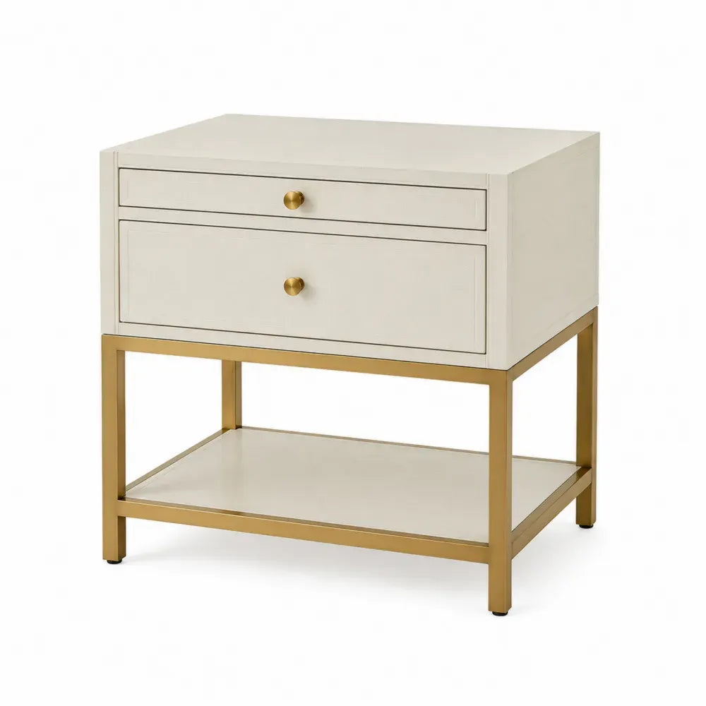 Mesita de noche rectangular de 2 cajones con estante inferior de MDF y acero blanco crema y dorado 60 x 40 x 65 cm