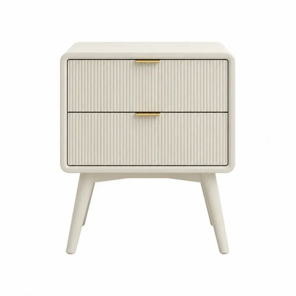 Mesita de noche con 2 cajones frente acanalado tiradores dorados patas de madera color beige crema sin dimensiones especificadas