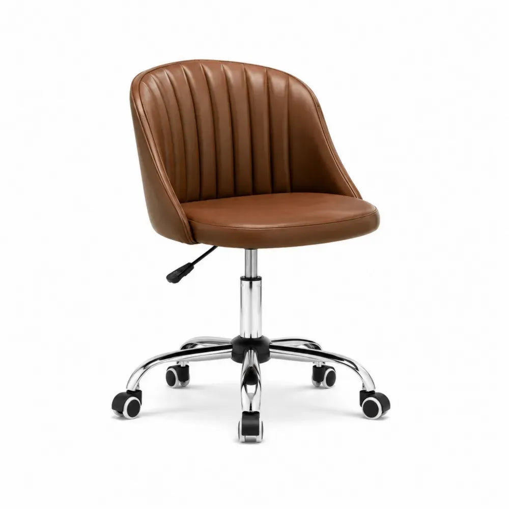 Silla de oficina giratoria de piel sintética marrón base cromada con ruedas y altura regulable 75x55x55 cm