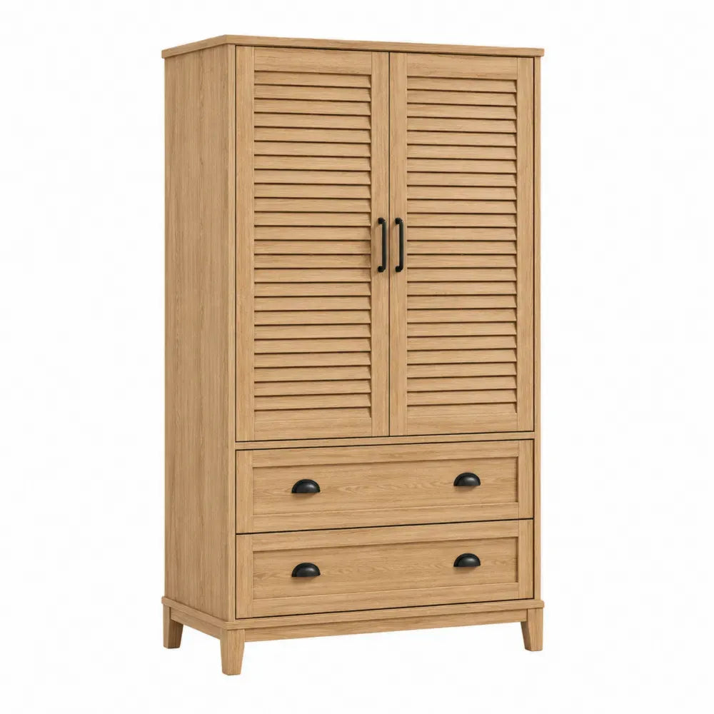 Armario de dormitorio de madera natural con puertas de lamas y 2 cajones estructura vertical 90x45x180 cm
