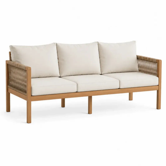Sofá de exterior de 3 plazas de madera de acacia con cuerda trenzada PE y cojines beige 190 x 75 x 80 cm
