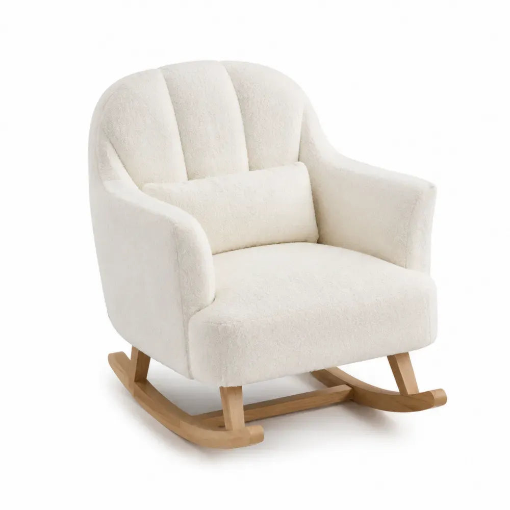 Sillón mecedora tapizado en tejido bouclé blanco crema con base de roble macizo respaldo curvado y cojín lumbar 75 x 70 x 85 cm