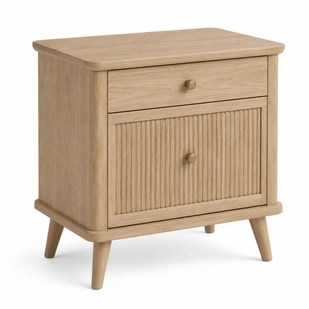 Mesita de noche con cajón superior y armario inferior madera efecto roble claro con patas de madera y tirador redondo
