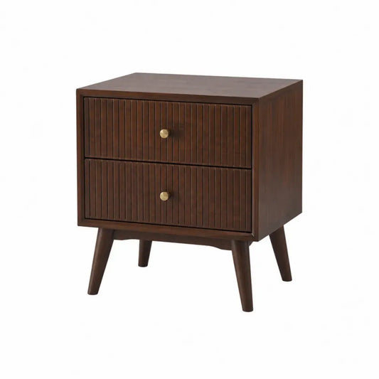Mesita de noche rectangular de 2 cajones de tablero de partículas con patas de madera marrón nogal y tiradores dorados 50 x 40 x 55 cm