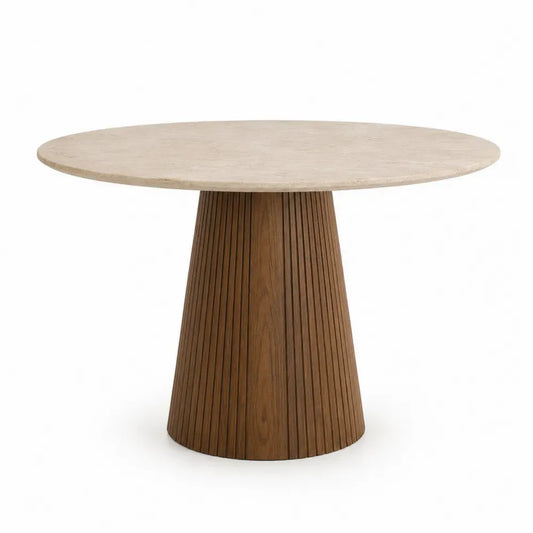 mesa de comedor redonda de tablero efecto piedra base cónica de madera estriada color nogal 120 cm x 75 cm