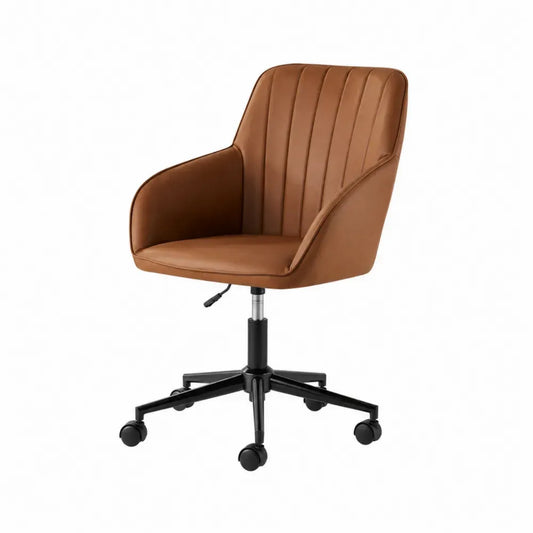 Silla de oficina giratoria tapizada en cuero sintético PU marrón con base negra de 5 ruedas altura regulable aprox 60 x 60 x 82 a 92 cm