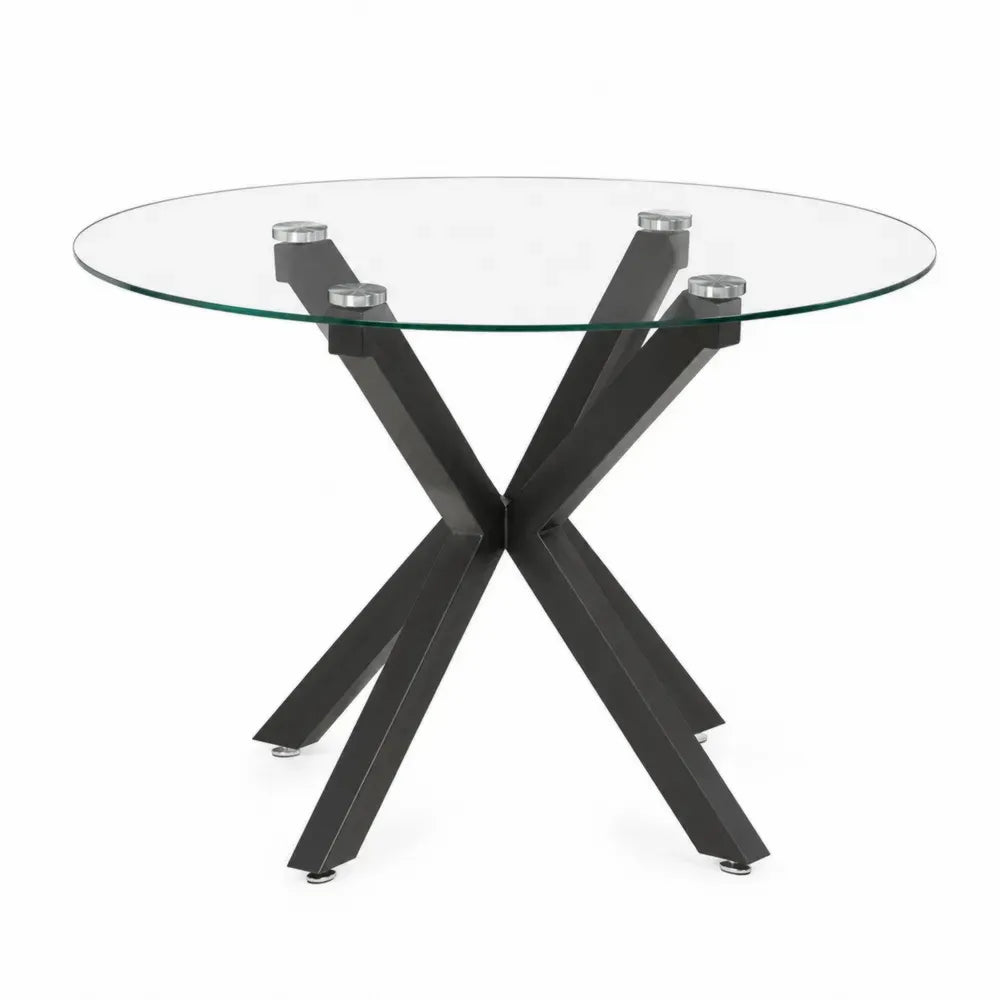 Mesa de comedor redonda de vidrio templado transparente con base de acero negro en X 100 x 75 cm
