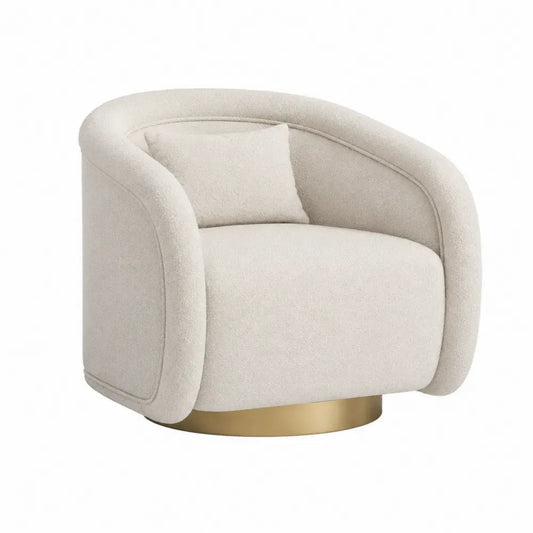 Sillón giratorio tapizado en tejido bouclé beige con base dorada respaldo curvado y cojín 75 x 75 x 85 cm