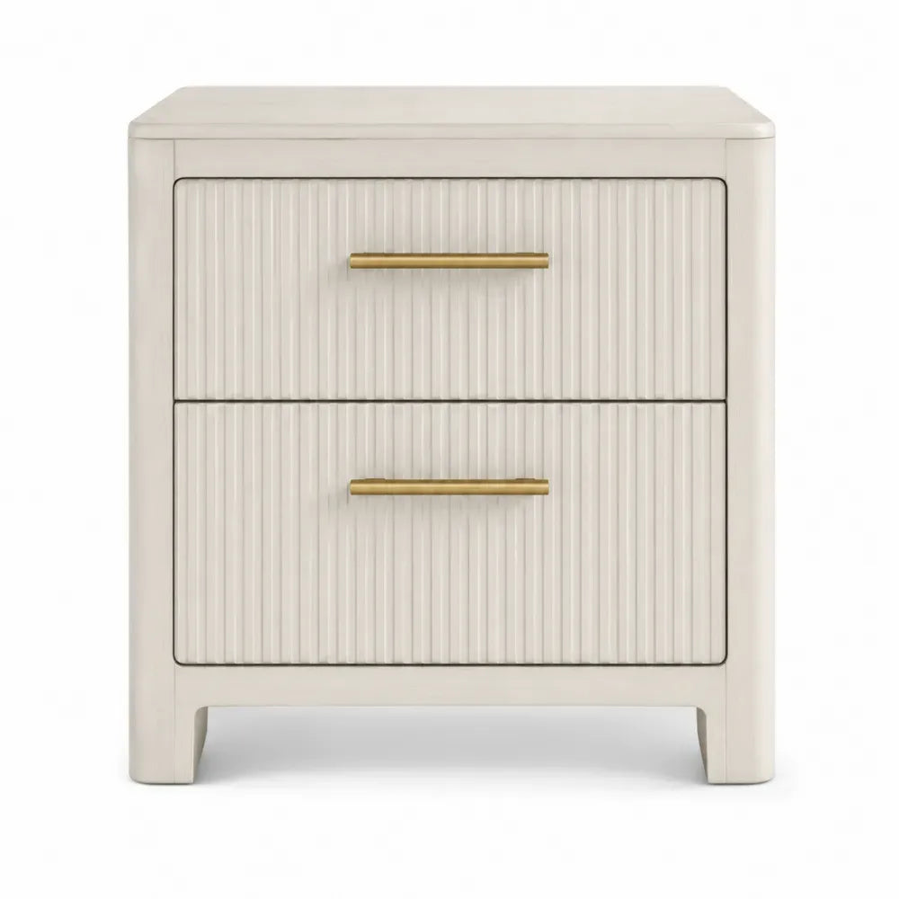 Mesita de noche 2 cajones MDF beige crema con tiradores metálicos dorados diseño ranurado 50x40x55 cm