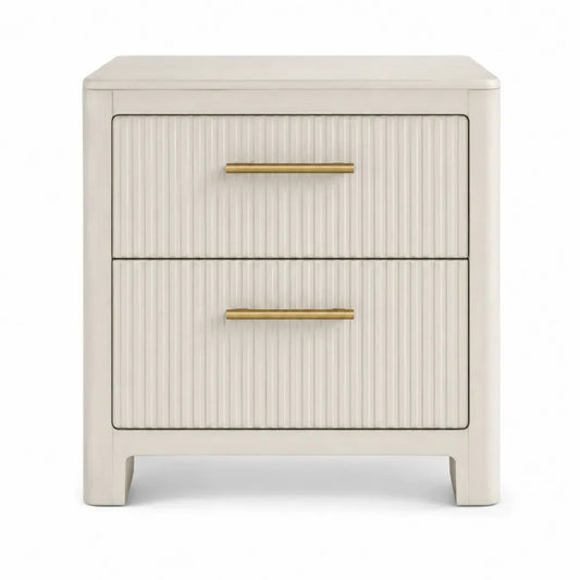 Mesita de noche 2 cajones MDF beige crema con tiradores metálicos dorados diseño ranurado 50x40x55 cm