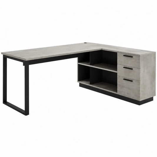 Escritorio en L 140x120x75 cm madera ingeniería cemento gris con cajonera y estructura metálica negra