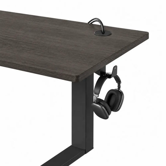 Escritorio de oficina 120x60x75 cm madera oscura y metal negro con pasacables y soporte para auriculares