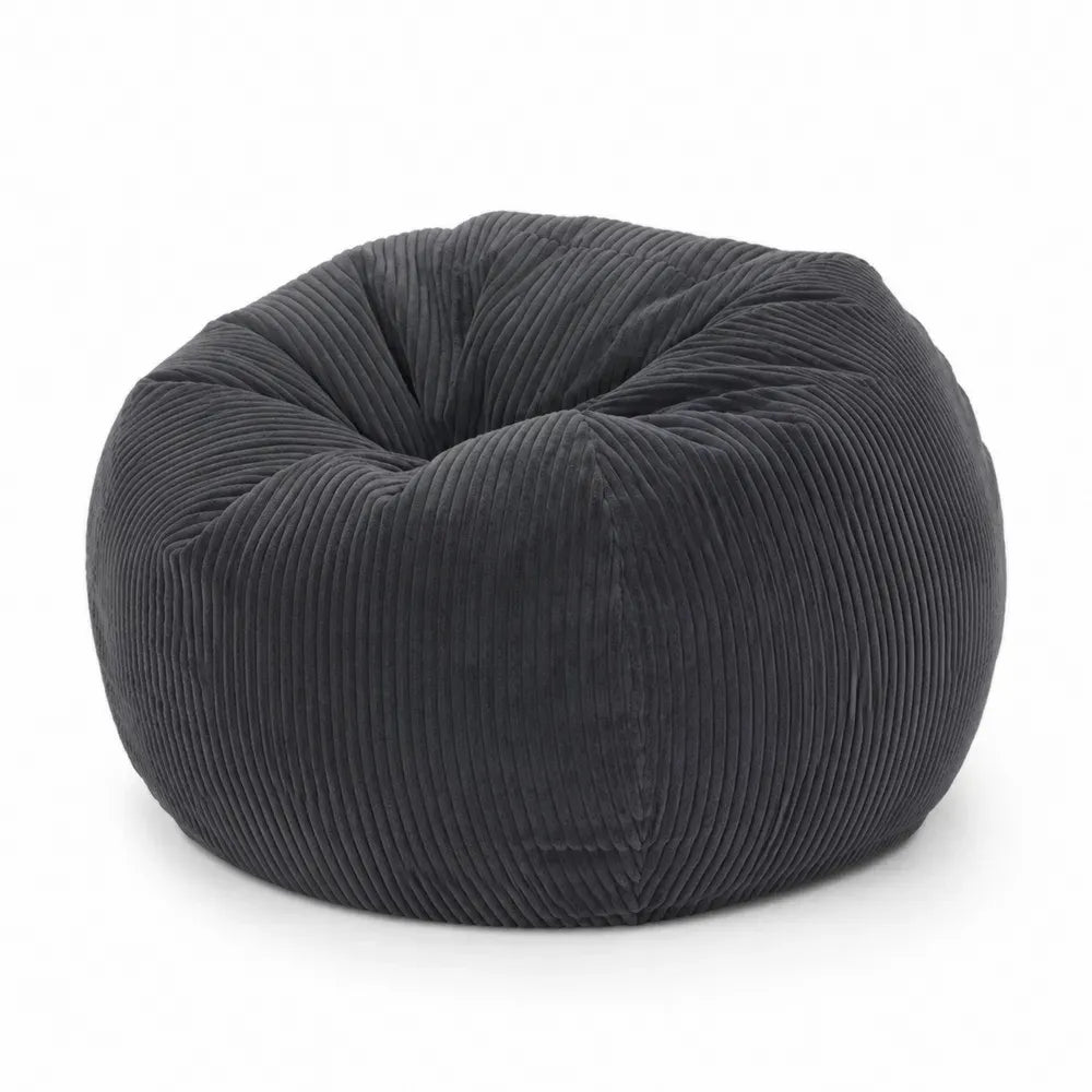 Puff sillón redondo tapizado en pana acanalada negra con relleno de microesferas EPS 80 x 80 x 45 cm