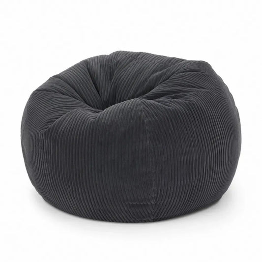 Puff sillón redondo tapizado en pana acanalada negra con relleno de microesferas EPS 80 x 80 x 45 cm