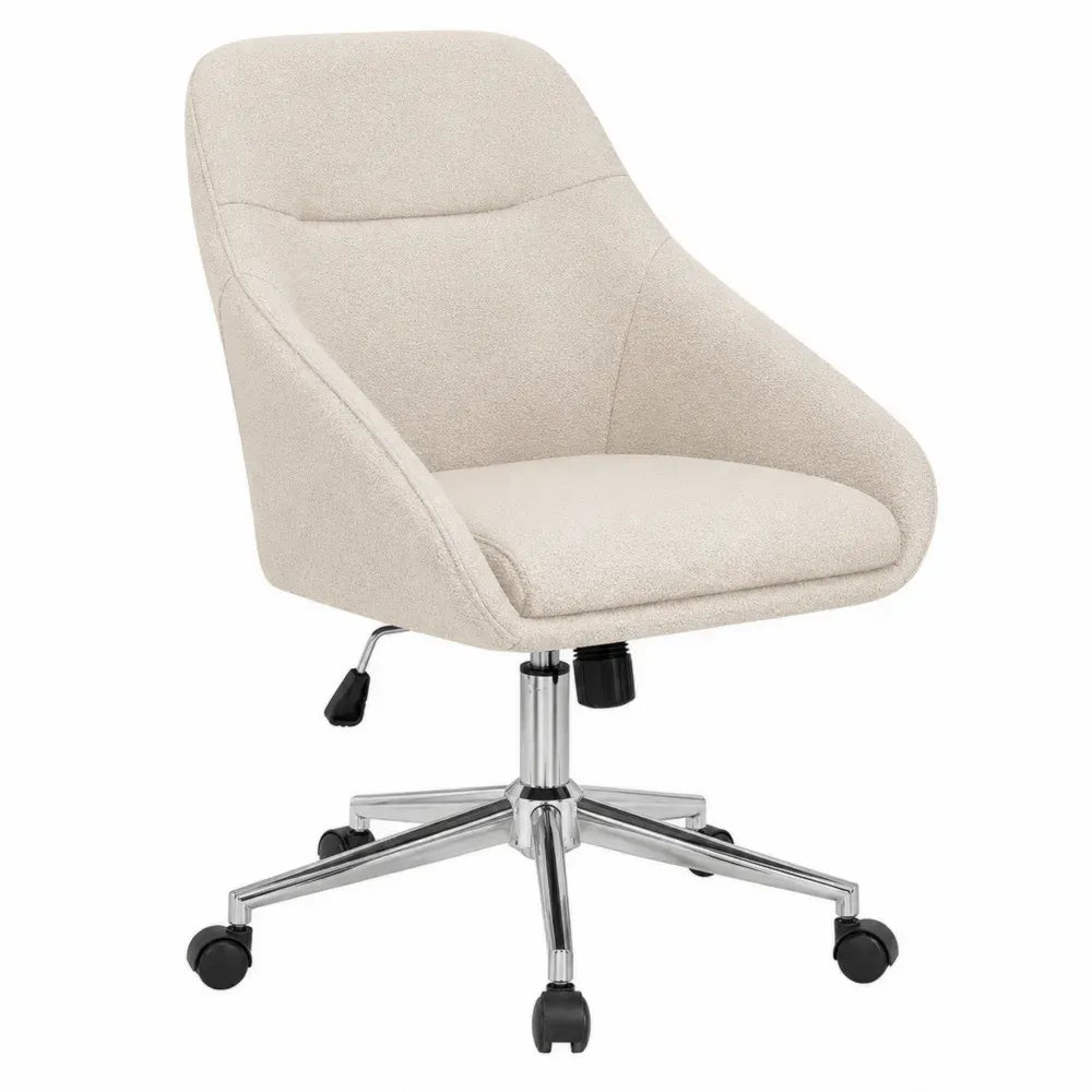 Silla de oficina giratoria tapizada en tejido bouclé beige con base cromada de 5 ruedas altura regulable aprox 60 x 60 x 82 a 92 cm