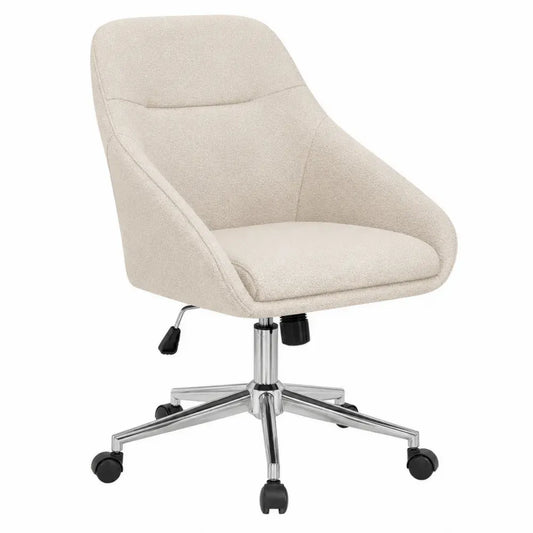 Silla de oficina giratoria tapizada en tejido bouclé beige con base cromada de 5 ruedas altura regulable aprox 60 x 60 x 82 a 92 cm
