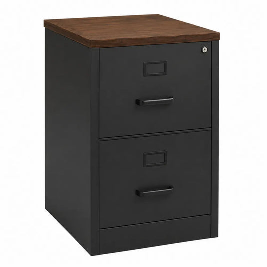 Archivador de oficina de 2 cajones con cerradura de acero y tablero de partículas rectangular negro y madera 40 x 45 x 60 cm