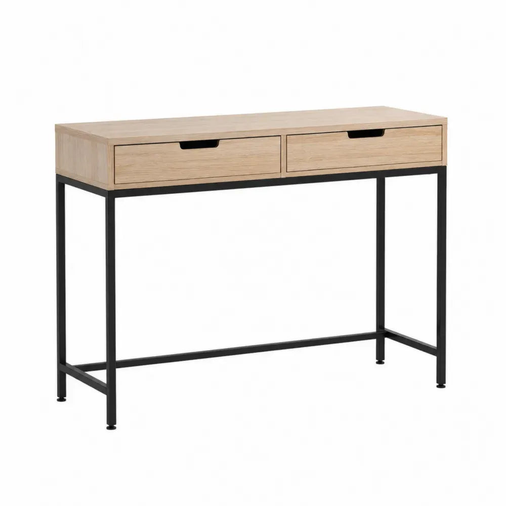 Escritorio rectangular de tablero de partículas efecto madera natural con 2 cajones y estructura de acero negro 120 x 50 x 75 cm
