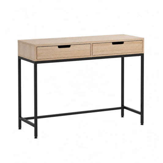 Escritorio rectangular de tablero de partículas efecto madera natural con 2 cajones y estructura de acero negro 120 x 50 x 75 cm