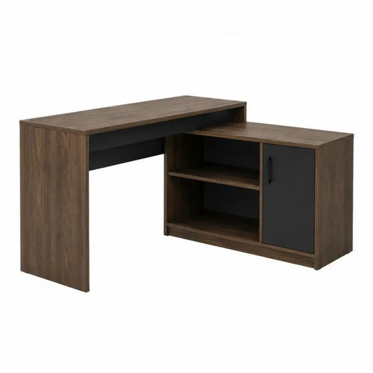 Escritorio en L de tablero de partículas con módulo lateral estantes y puerta color madera oscura y negro 140 x 120 x 75 cm
