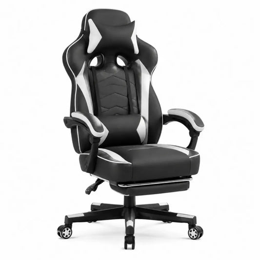 Silla gaming giratoria de oficina tapizada en cuero sintético PU negro y blanco con reposapiés ruedas y altura regulable 66 x 70 x 120 a 130 cm