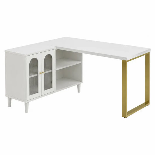 Escritorio en L 140x120x75 cm blanco y dorado con armario lateral y estantes abiertos