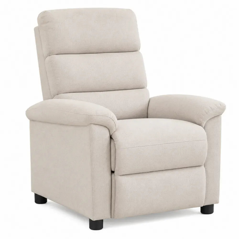Sillón reclinable individual tapizado en tejido beige con reposabrazos acolchados reposapiés integrado y patas negras 80 x 85 x 105 cm