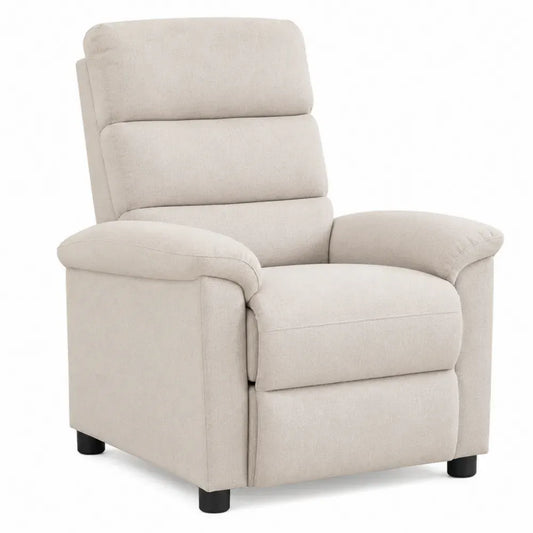 Sillón reclinable individual tapizado en tejido beige con reposabrazos acolchados reposapiés integrado y patas negras 80 x 85 x 105 cm