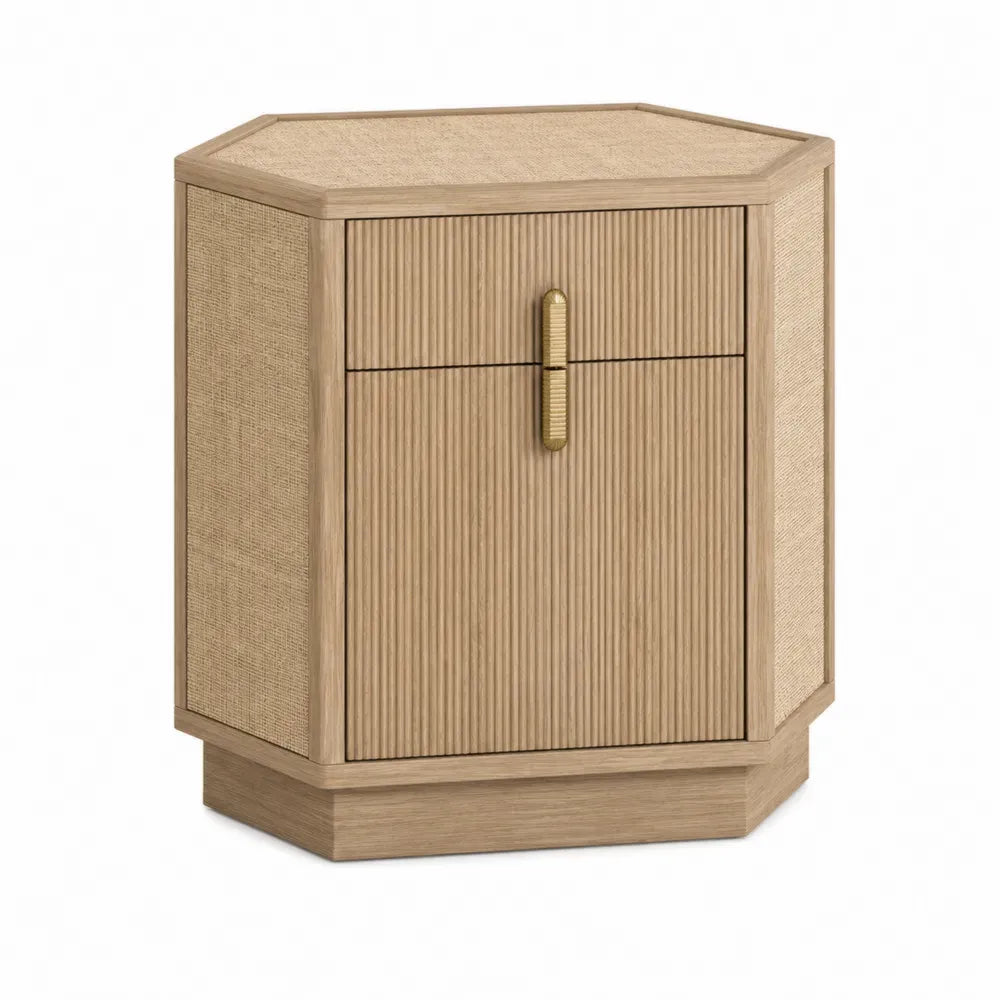 Mesita de noche hexagonal con cajón superior y puerta inferior de MDF y ratán sintético roble claro y dorado 50 x 40 x 55 cm